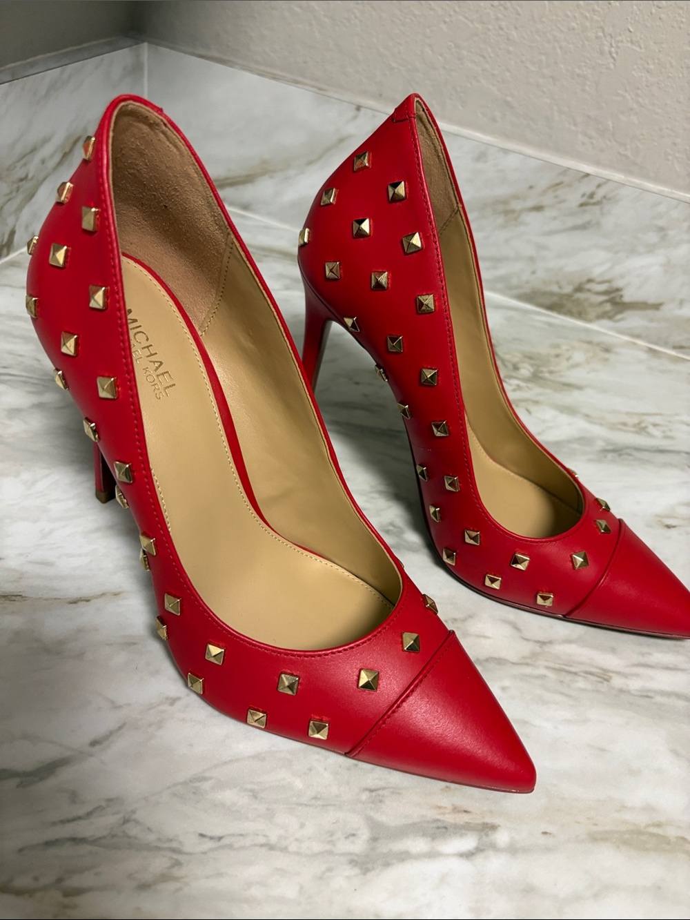 Michael Kors Red Leather Studded Pointed Pumps - Picture 2 of 8